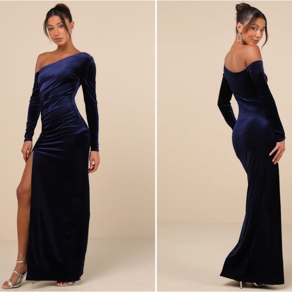 LULU's Sexy Prom Wedding Sexy Romantic Regal Elegant Blue Velvet Maxi Dress - Picture 1 of 5